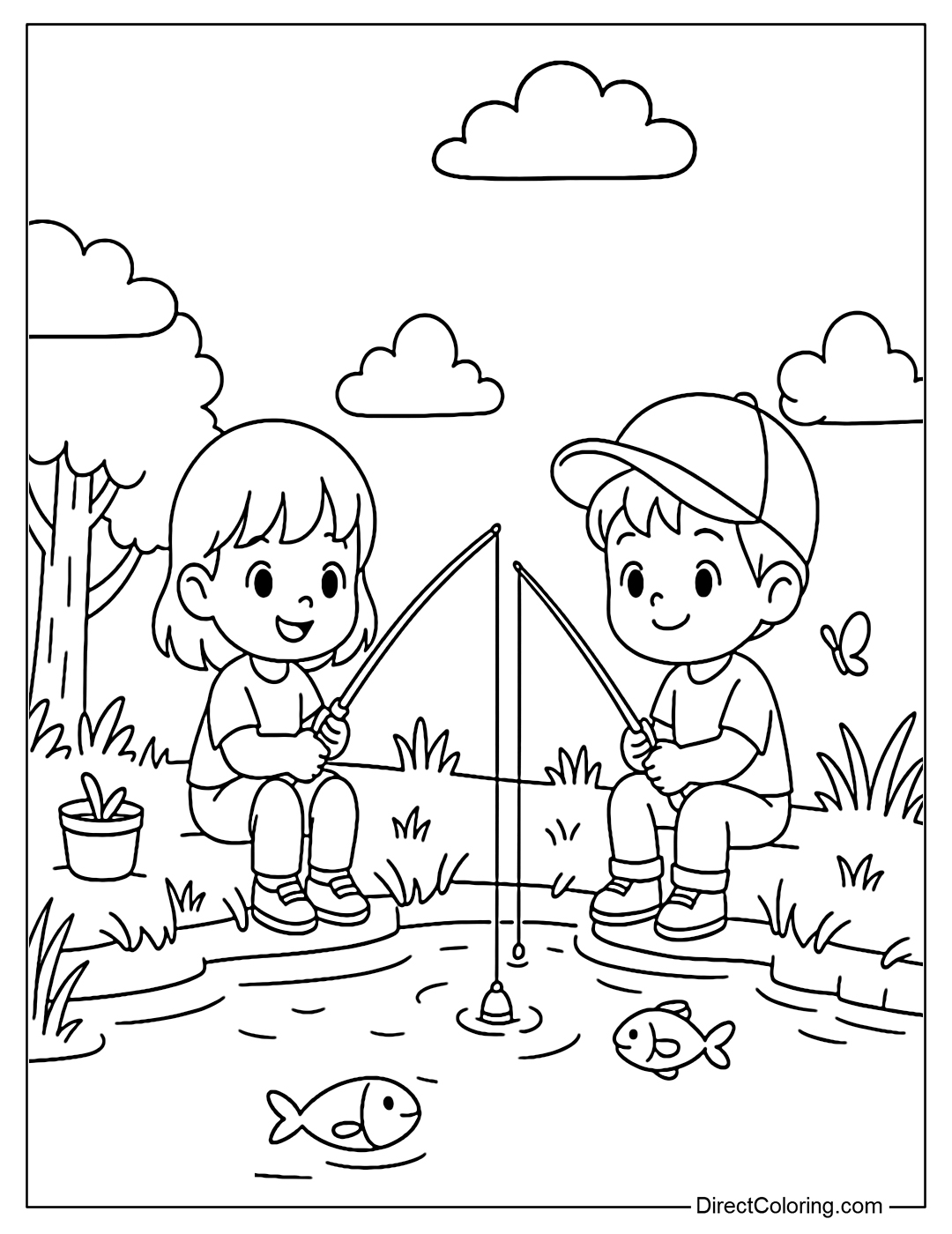 Coloring page of two little friends fishing by the pond, with trees, grass and floating clouds.